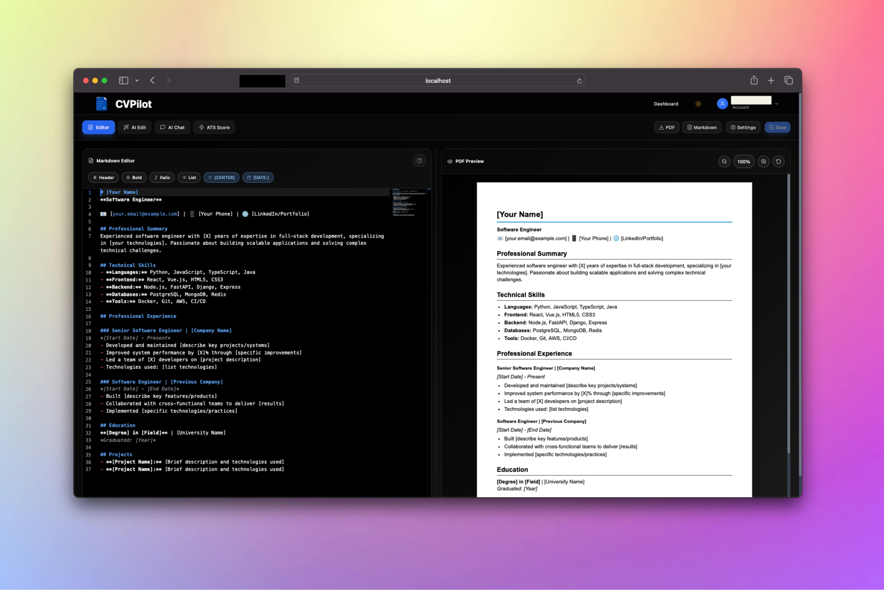 Markdown Editor Demo - Edit markdown and see real-time PDF preview